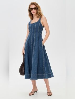 Madewell Croswell Wash Denim Seamed Flare Midi Dress Size 6 NWT